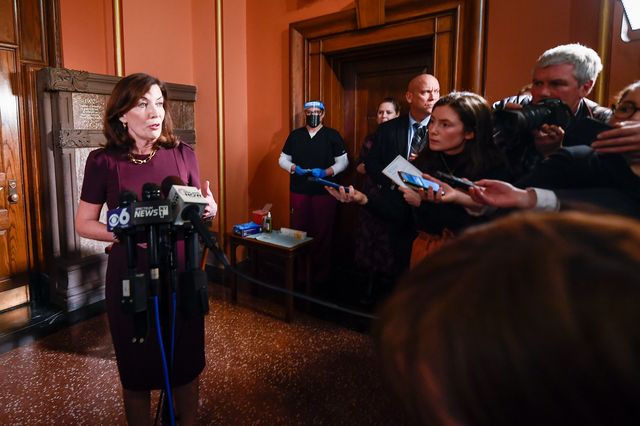 Governor Kathy Hochul speaks with reporters inside the state Capitol building on April 4, 2022.